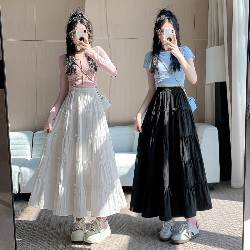 Real shot of Korean version bow skirt summer splicing new French cake skirt high-waisted slim midi skirt