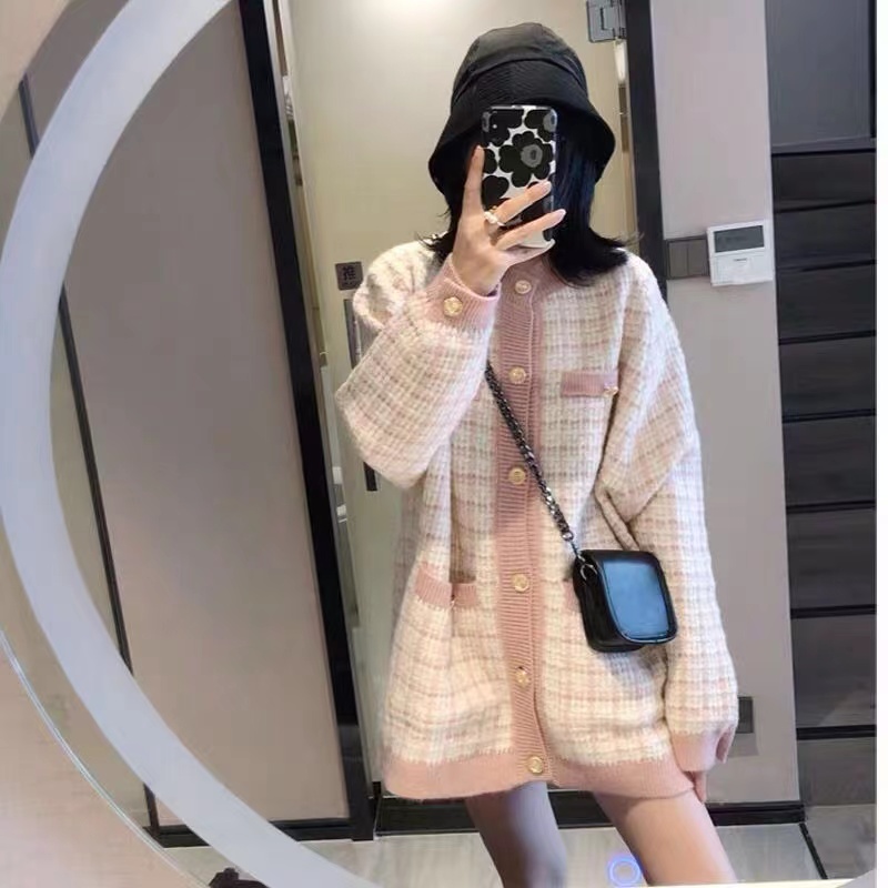 名媛風小香毛衣外套女寬鬆慵懶風2025秋裝新款中長款格子針織開衫