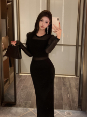 Real photos of Zhao Lusi, the same black hot retro sexy translucent pure waist-hugging dress for women