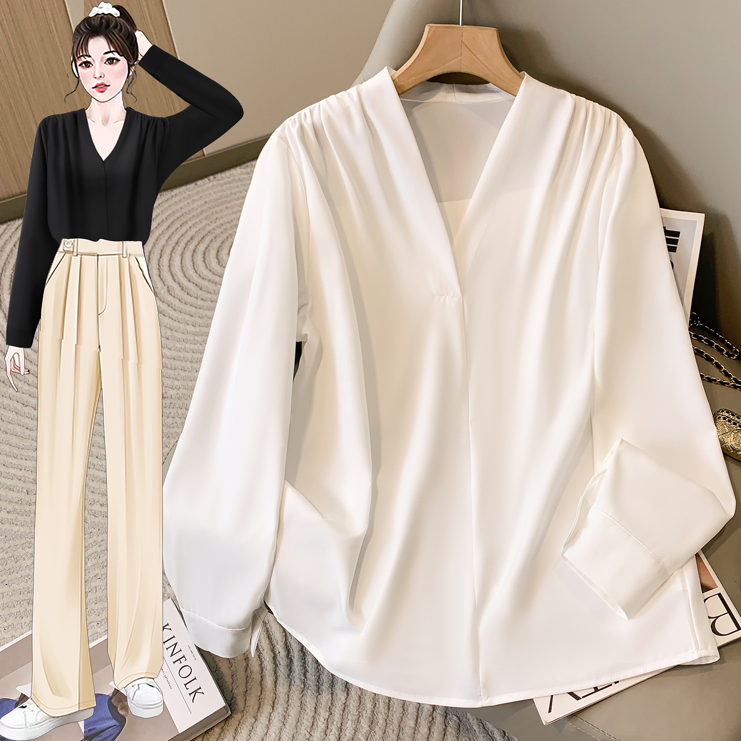 Collarless white shirt women's top high-end temperament V-neck professional long-sleeved shirt