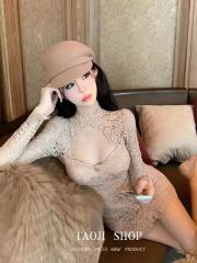 Pure desire style hollow long-sleeved dress 2025 tight slim lace skirt showing off body waistband short skirt