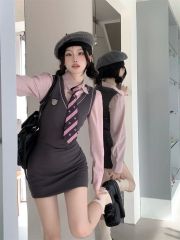 College style polo neck plaid shirt dress for women in autumn and winter pure hip-pack skirt high-end feel short skirt