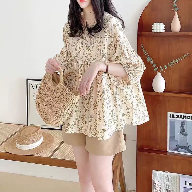 2025 summer large size women's doll shirt sweet French round neck puffed lantern floral shirt M-4XL 200 catties