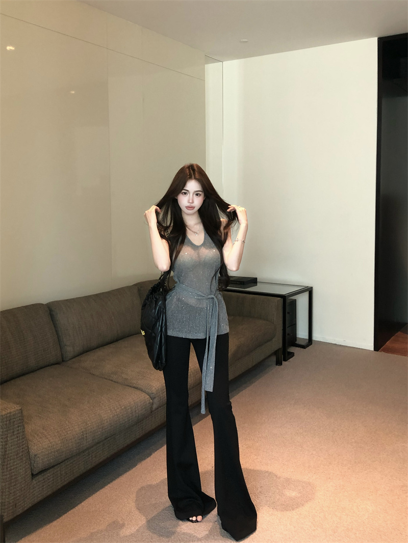 Real shot of bright and shiny silk thread slightly transparent suspender V-neck waist-hugging strap top + black straight-tune casual pants