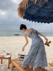 Real shot French high waist tea break design with backless bow floral suspender dress for women