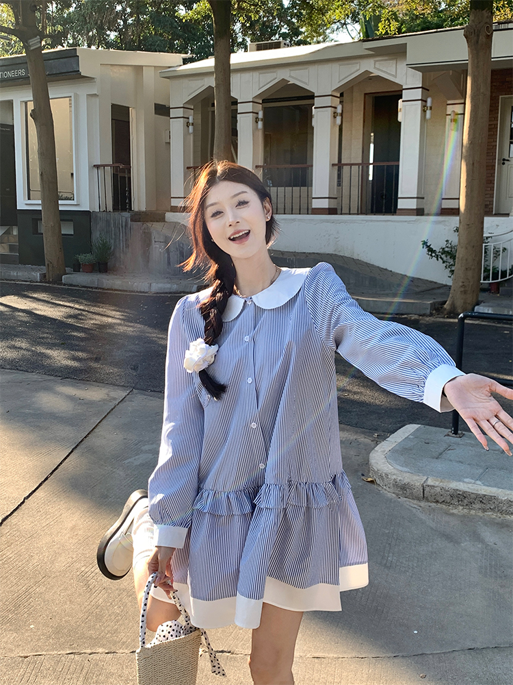 實拍 春季韓chic簡約減齡條紋連衣裙襯衫裙