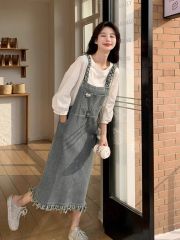 夏季新款復古毛邊流蘇牛仔背帶連衣裙女學院風開叉休閒中長裙