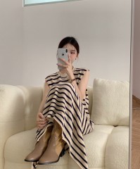 Real shot Korean chic design lazy long striped sleeveless sweater dress