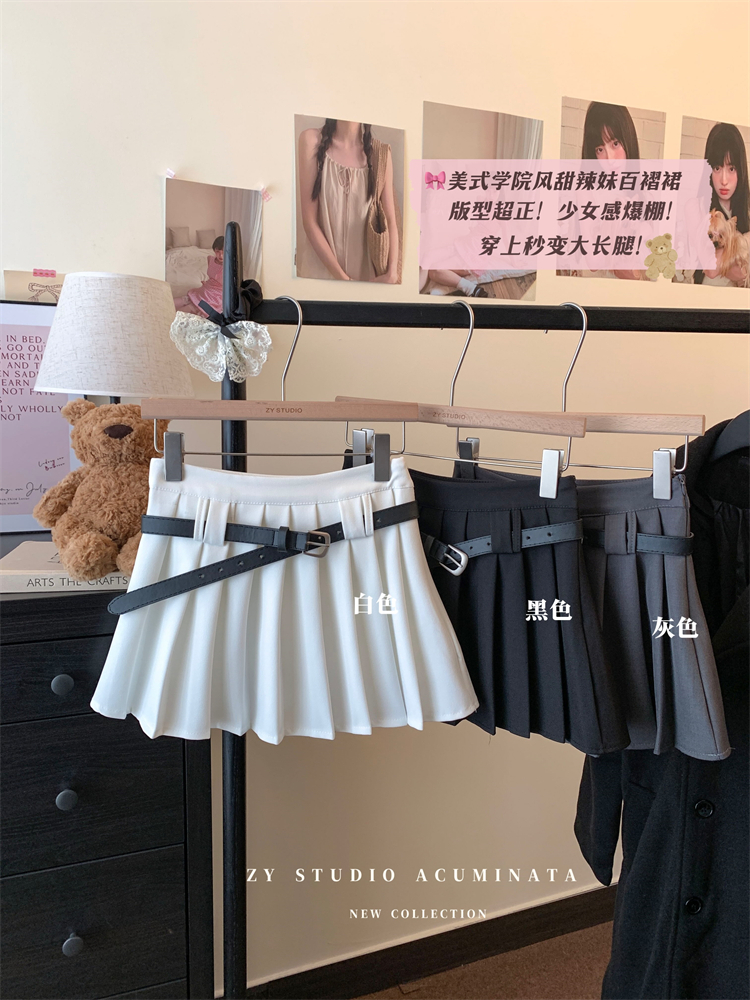 Real shot ~ American campus style pleated skirt for women with high waist slim A-line hot girl anti-exposure skirt