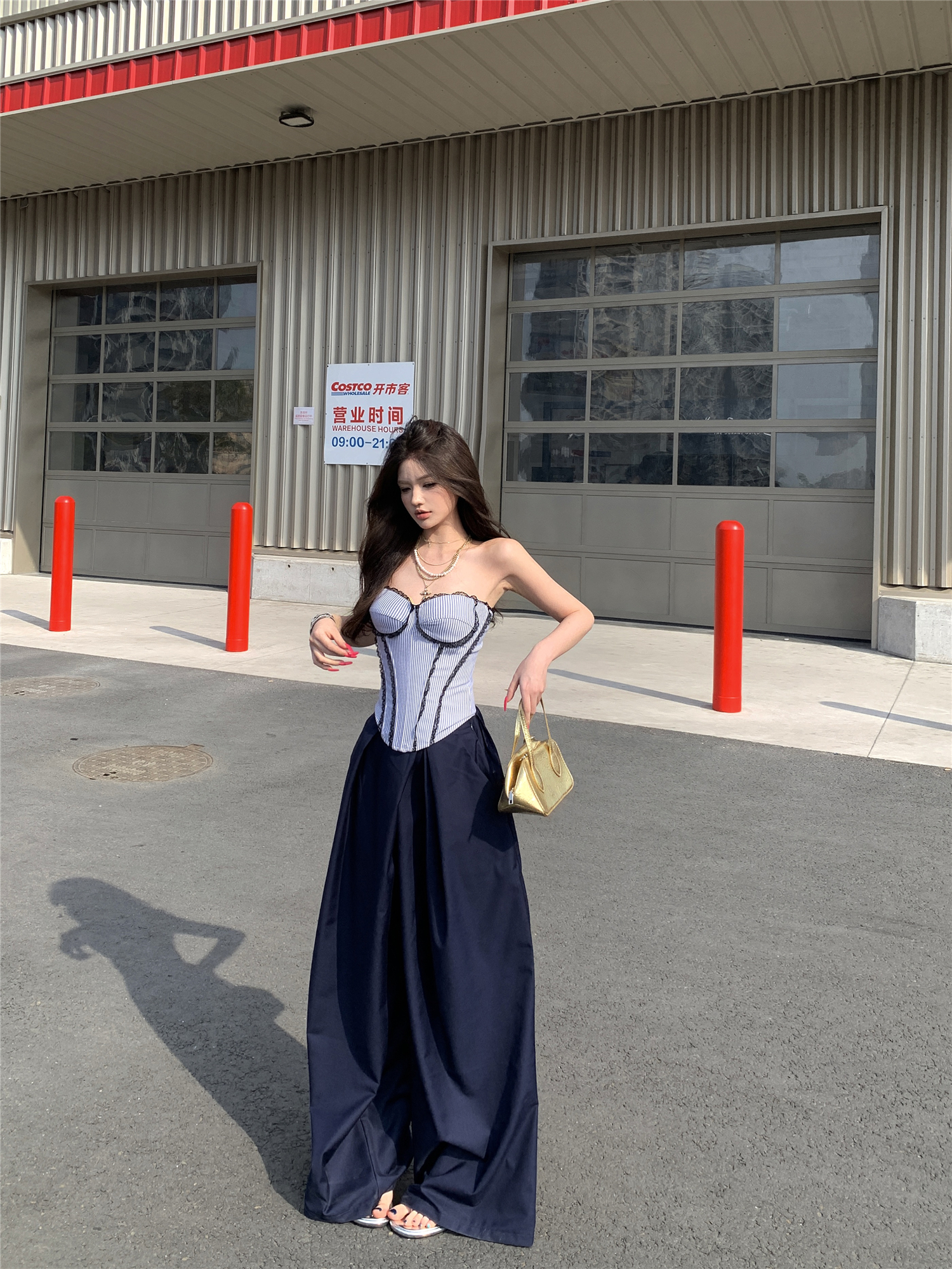 Real shot!  High-end outfit suit for women French striped strapless top casual wide-leg pants two-piece set