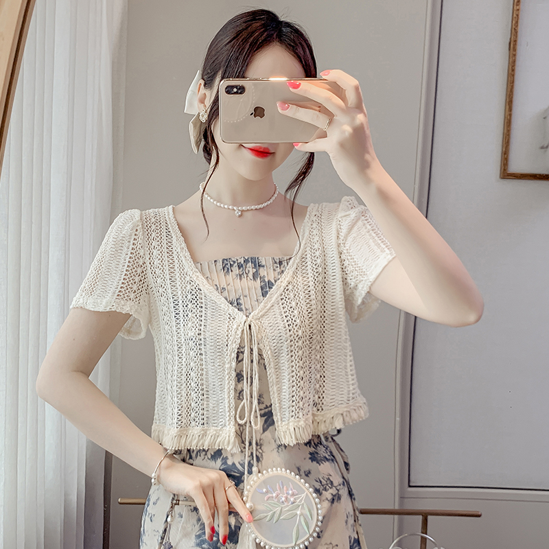 Lace hollow sunscreen cardigan top for women 2025 summer thin style small shawl short jacket