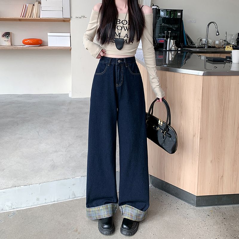 Real shot~ American plaid splicing curly jeans for women's spring new wide-leg pants loose straight trousers