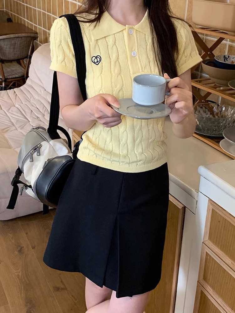 Yellow college style short-sleeved polo rope sweater for women in summer slim T-shirt temperament small short top