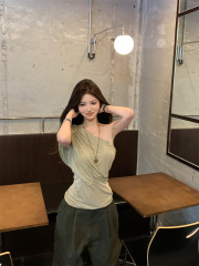 Real shot, new style, slanted neck, off-shoulder design, two-wear T-shirt for women, niche slim and versatile, slim