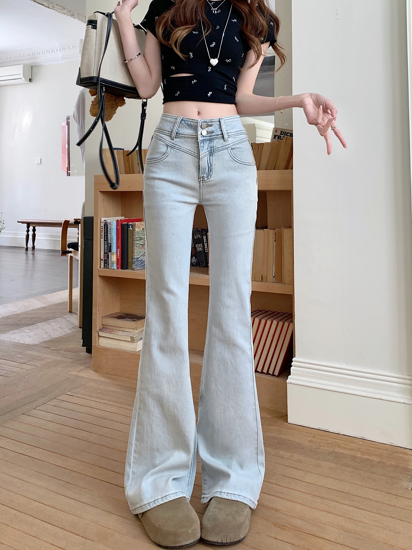 Real shot #high waist micro-flare elastic denim trousers for women with retro wash back bag bow mopping pants