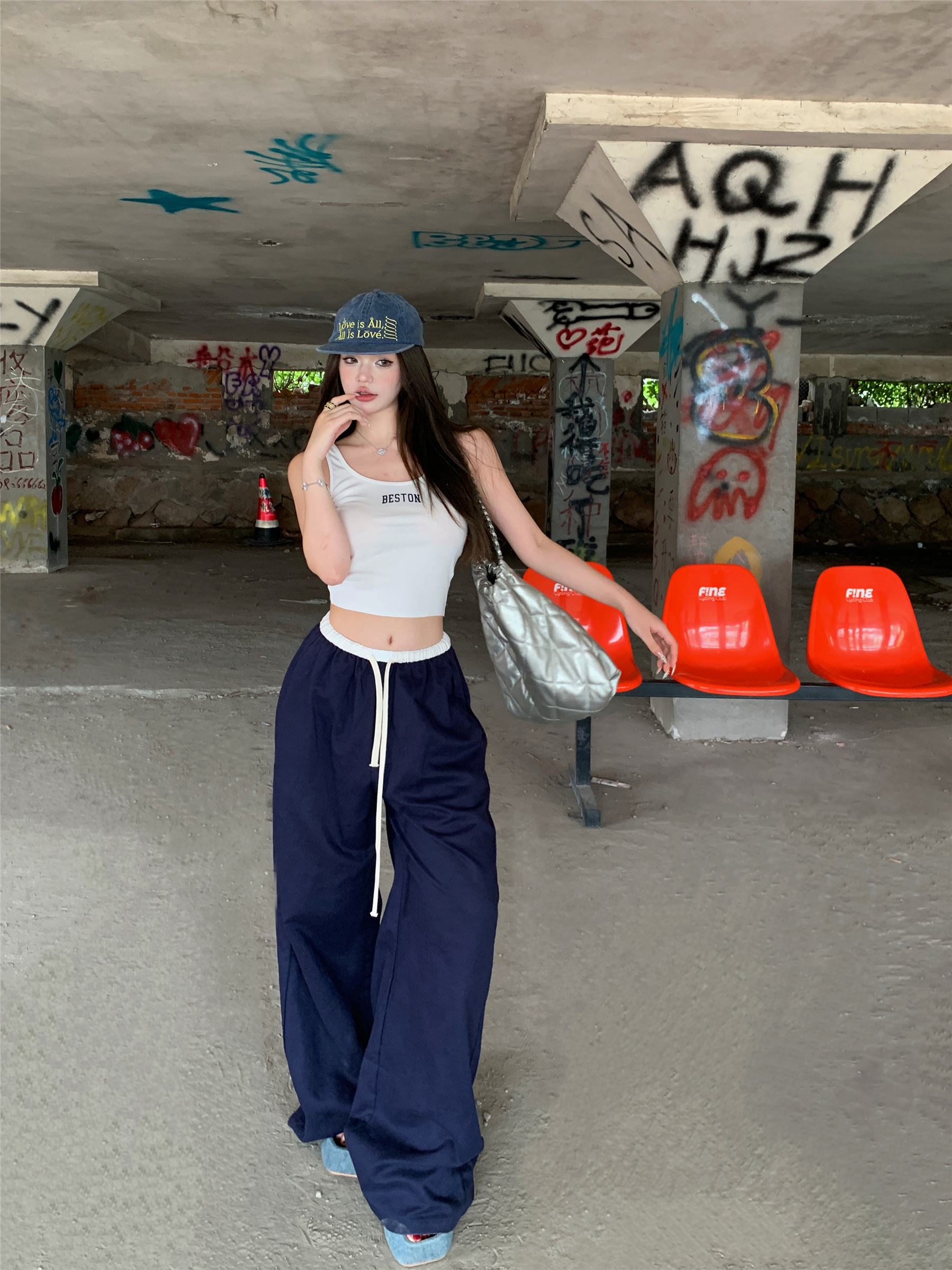 Real shot!  American hot girl versatile vest elastic waist color-blocking drawstring casual sports pants wide-leg work pants