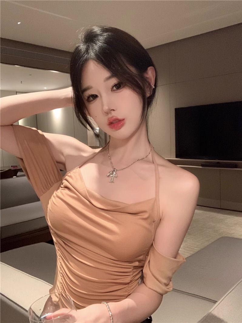 Real shot~2025 summer halter neck swaying collar two-wear cotton T-shirt pure short-sleeved designer top