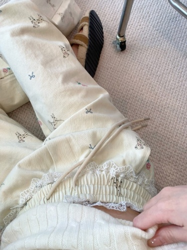 Three-dimensional waist #2025 spring new lace spliced ​​puppy print straight-tune casual pants wide-leg pants