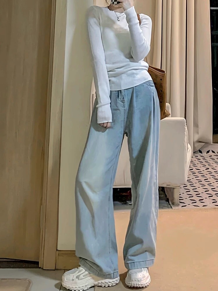 Light blue wide-leg jeans for women in spring new Korean style versatile loose slim pear-shaped body high-waisted straight-leg pants