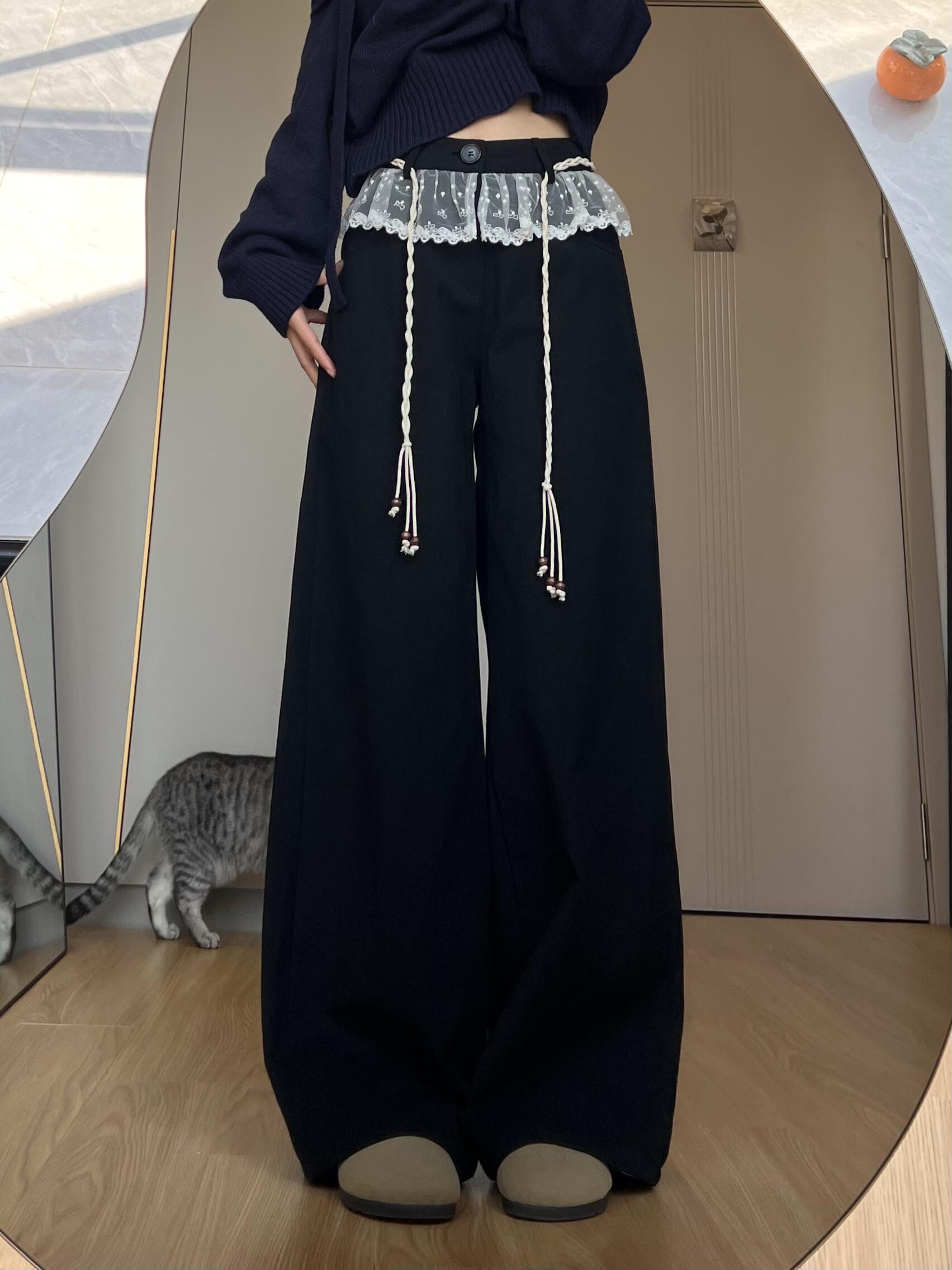 Suit waist #lace splicing niche design jeans for women in early spring new high-end trousers