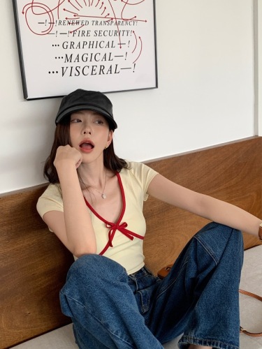 Real shot French color-blocking knitted top high elastic base shirt
