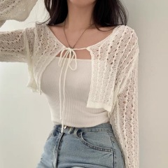 韓國chic鏤空設計款系帶長袖薄針織長袖開衫罩衫女