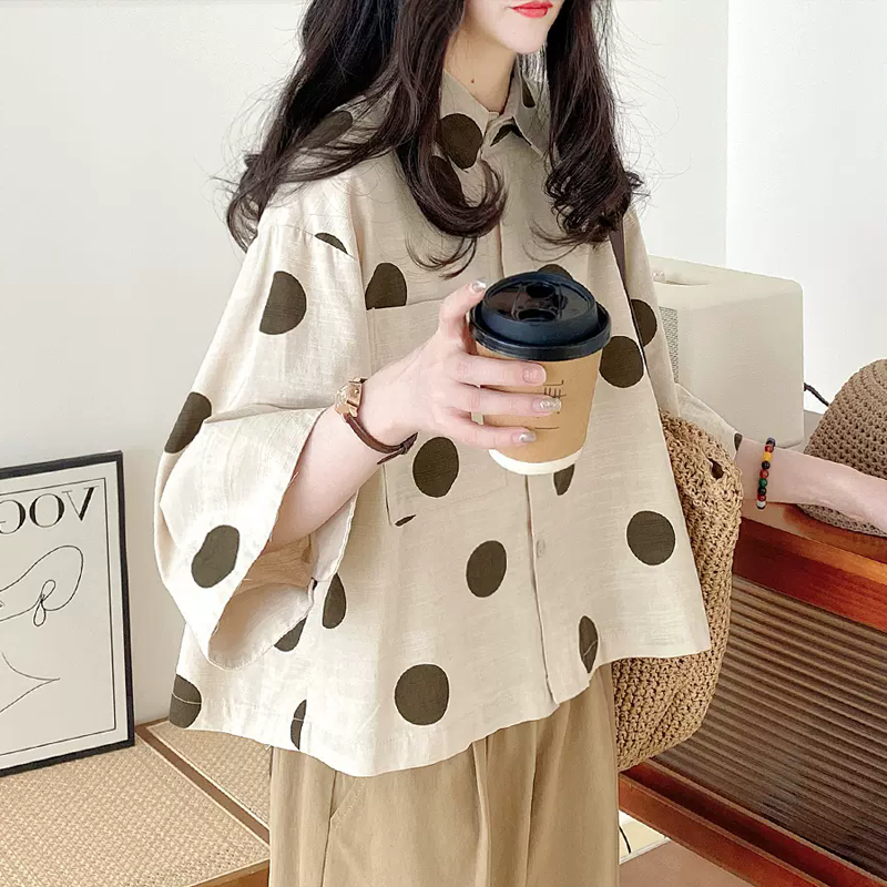 2025 summer large size women's casual loose Japanese and Korean loose polka dot cotton and linen shirt M-4XL 200 catties