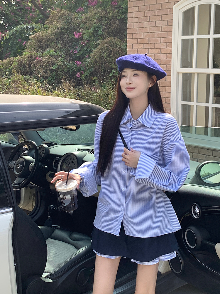 實拍 韓chic春季簡約時尚套裝條紋襯衫+設計感半身裙