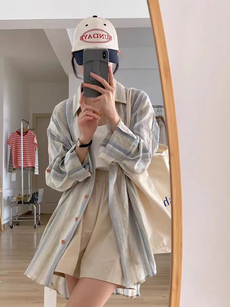 Striped long-sleeved sunscreen shirt for women in spring design loose outer shirt air conditioning shirt top