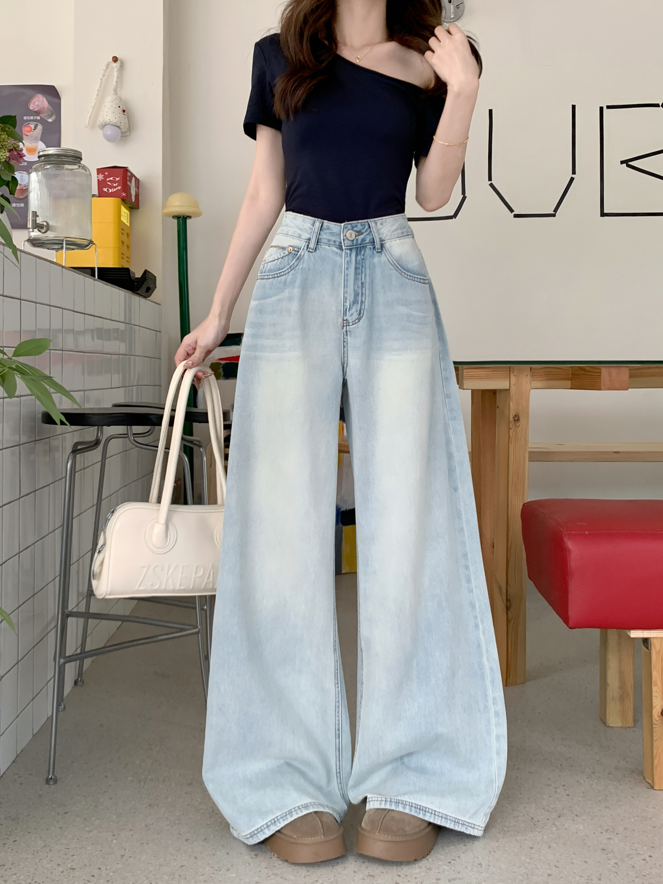 Real shot #New style of denim trousers for women with back pocket splicing design loose straight wide-leg floor trousers