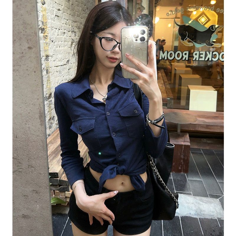 Original bamboo joint fabric feels the front lapel long-sleeved cardigan jacket for women's base shirt slim-fitting top