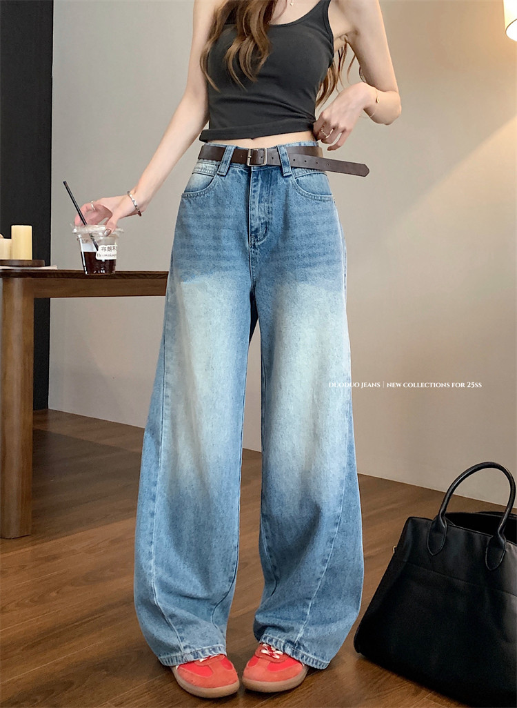 Real shot ~ American retro washing wide-leg jeans for women with high waist slim straight trousers