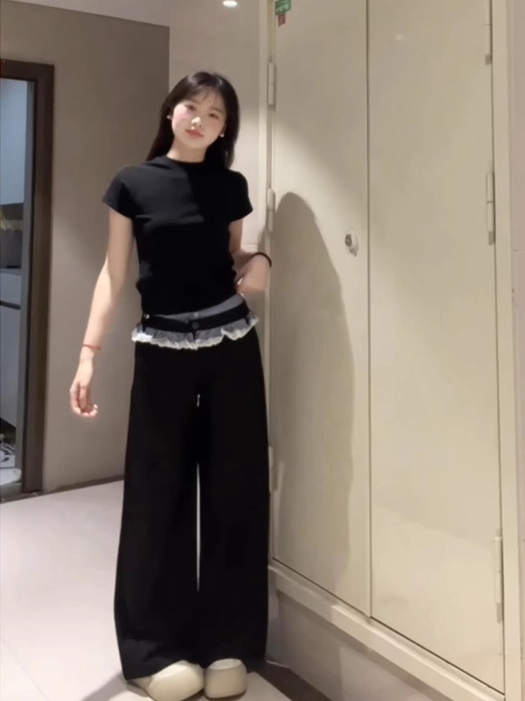 Suit waist #split lace double waist casual pants for women 2025 new loose straight wide-leg pants