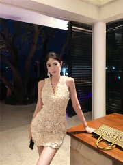 Real shot!  Sexy V-neck Fashion Heavy Industry Three-dimensional Flower Slim Hip Skirt Rich Family Slim Dress