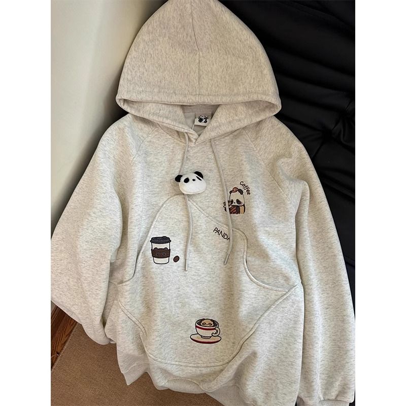 Korean Foreign Trade New Style Cotton Composite Teddy Bear Sweatshirt Women's Hooded Pocket Design Embroidery 