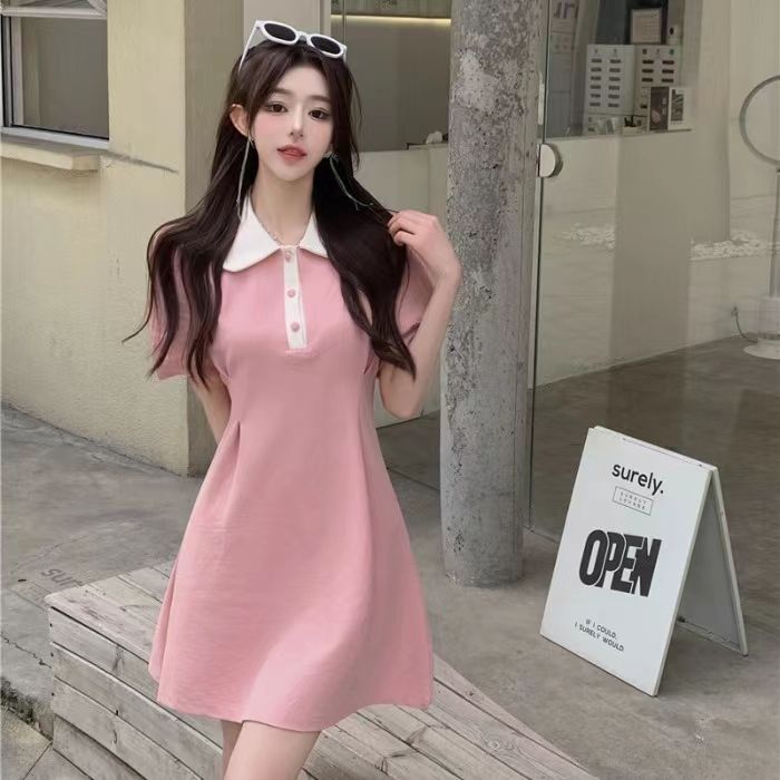 French temperament doll collar short-sleeved dress for women's summer clothes with niche design waist-hugging and slim college style long skirt