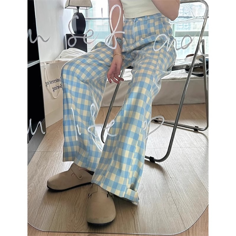 Suit waist 2025 new blue plaid casual pants for women high waist straight wide-leg floor pants