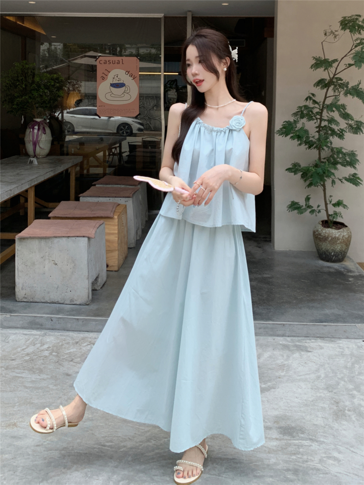 Real shot, vacation style suit, women's three-dimensional flower suspender vest + summer simple high waist A-line skirt two-piece set