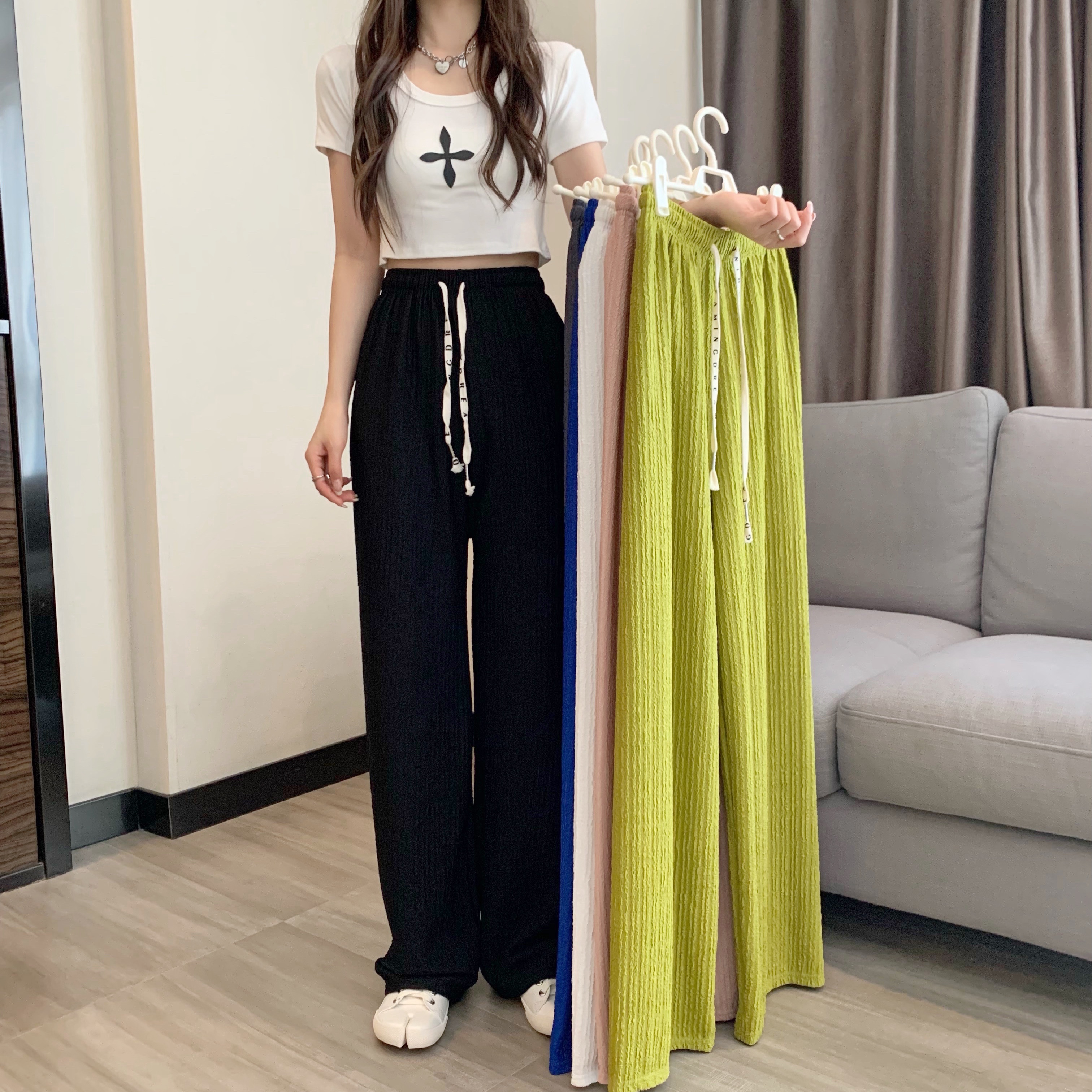 Real photo Qianqianye letter drawstring wide-leg pants for women in spring and summer thin draping loose straight floor pants trousers