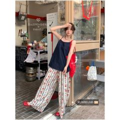 Cartoon graffiti wide-leg pants for women in summer thin ice silk wear puppy print walk pants sports casual trousers