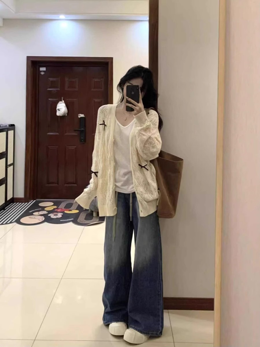 Early autumn thin coat for women Korean sweet bow hollow lazy college style V-neck knitted sweater cardigan