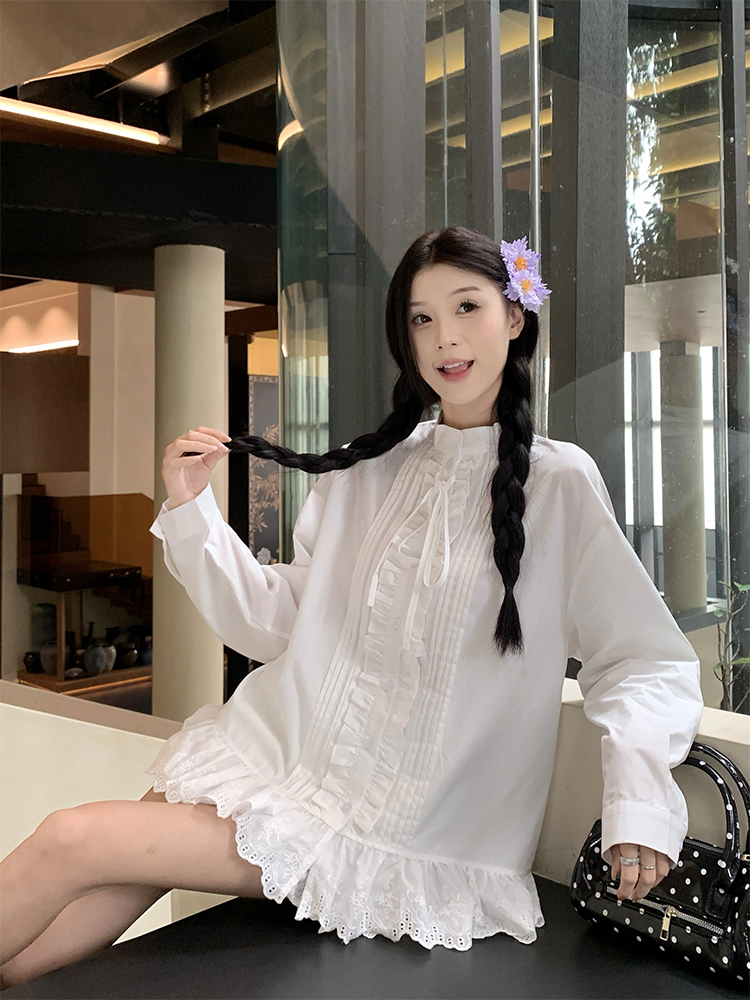 實拍 韓chic春夏人手一件荷葉邊蕾絲拼接襯衫+半身裙