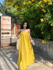 Real photo of yellow suspender dress long skirt vacation backless fairy skirt