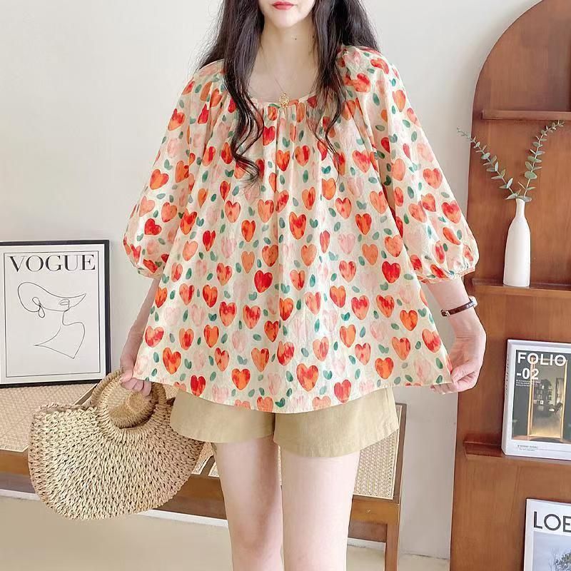 Summer large size women's Korean version doll shirt top loose lantern sleeves fluffy floral shirt M-4XL200 catties