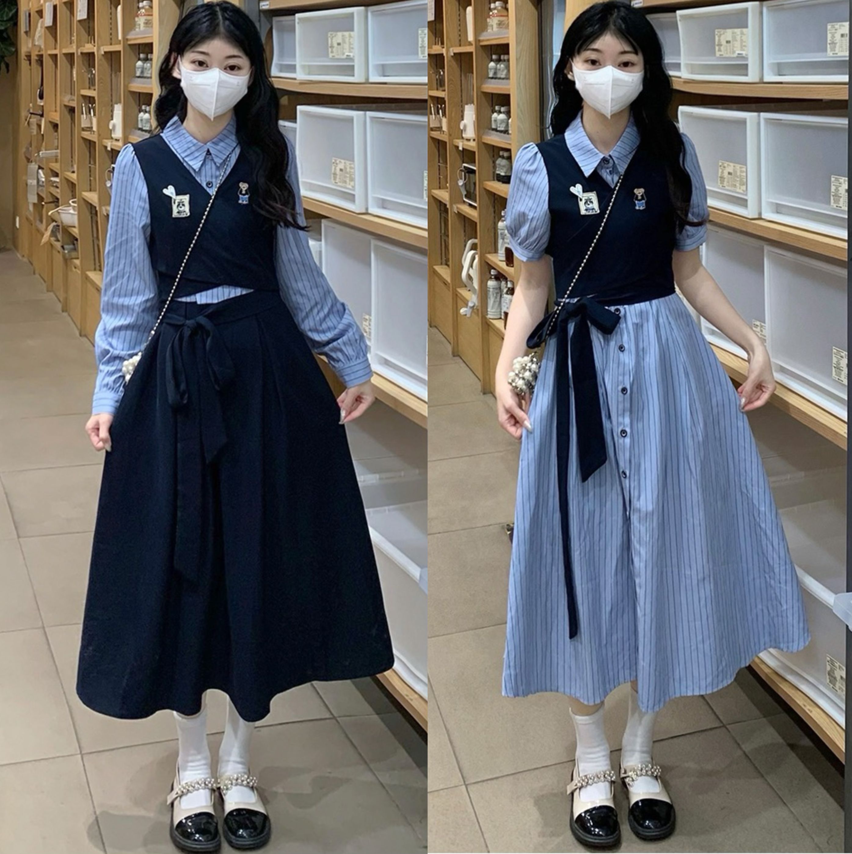 Real shot of college style striped shirt dress for women in summer French teacher interview two-piece skirt navy blue