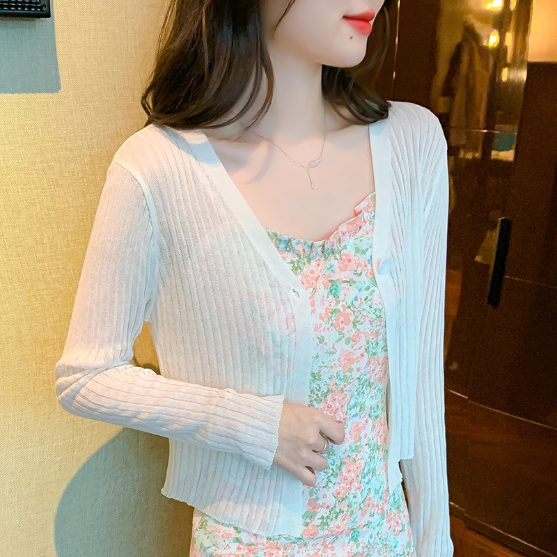Shipped 2025 Spring new Korean style thin solid color slim v-neck knitted long-sleeved sunscreen cardigan