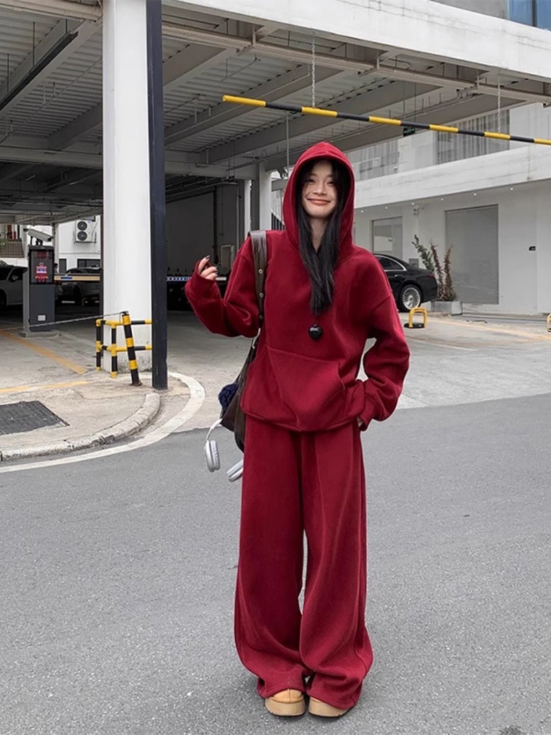 華棉純棉紅色休閒運動服套裝女春季加絨韓系寬鬆衛衣闊腿褲兩件套