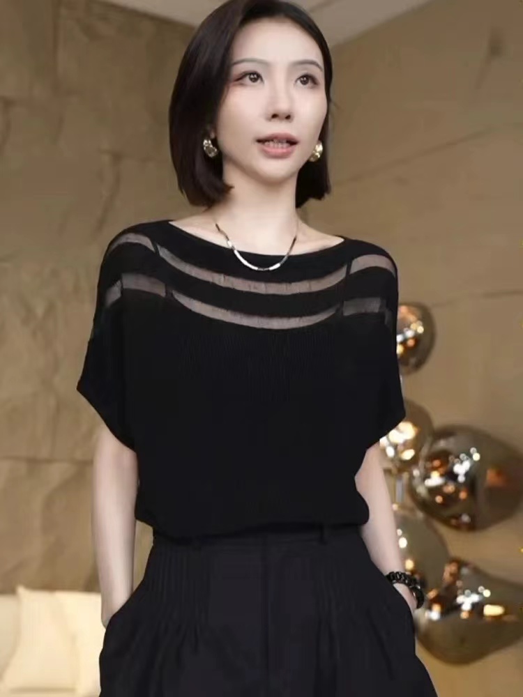 歐貨細閃蝙蝠袖冰絲針織衫女夏氣質一字領寬鬆洋氣百搭遮肚子上衣