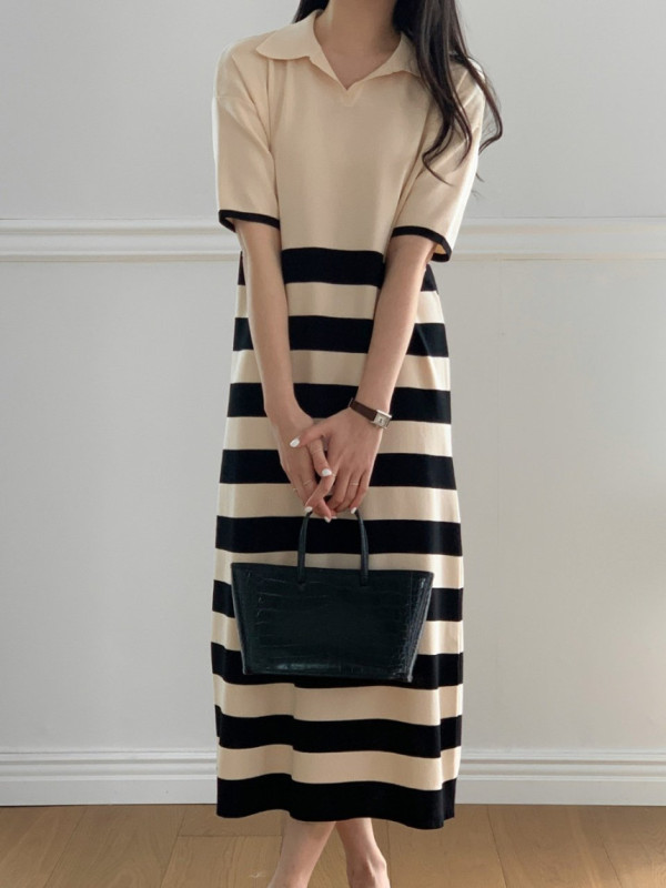 Korean chic summer lapel knitted dress