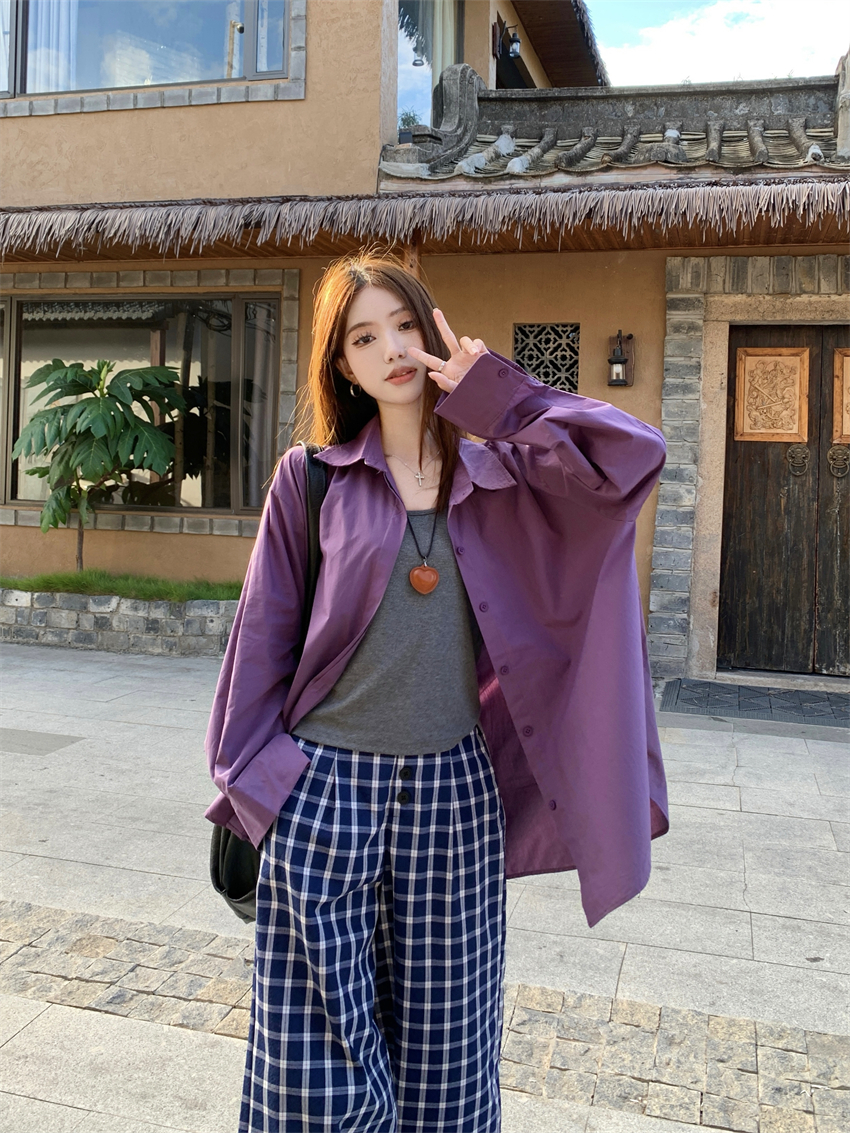 Real photo of lazy style floor-moving casual pants for women in spring new suspenders with purple cardigan long-sleeved shirt
